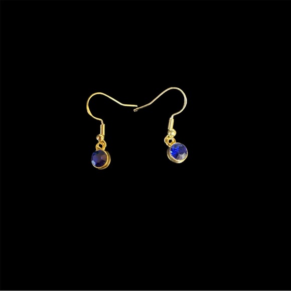 Faux Sapphire Wire Hook Earrings in Gold Tone - Picture 2 of 3